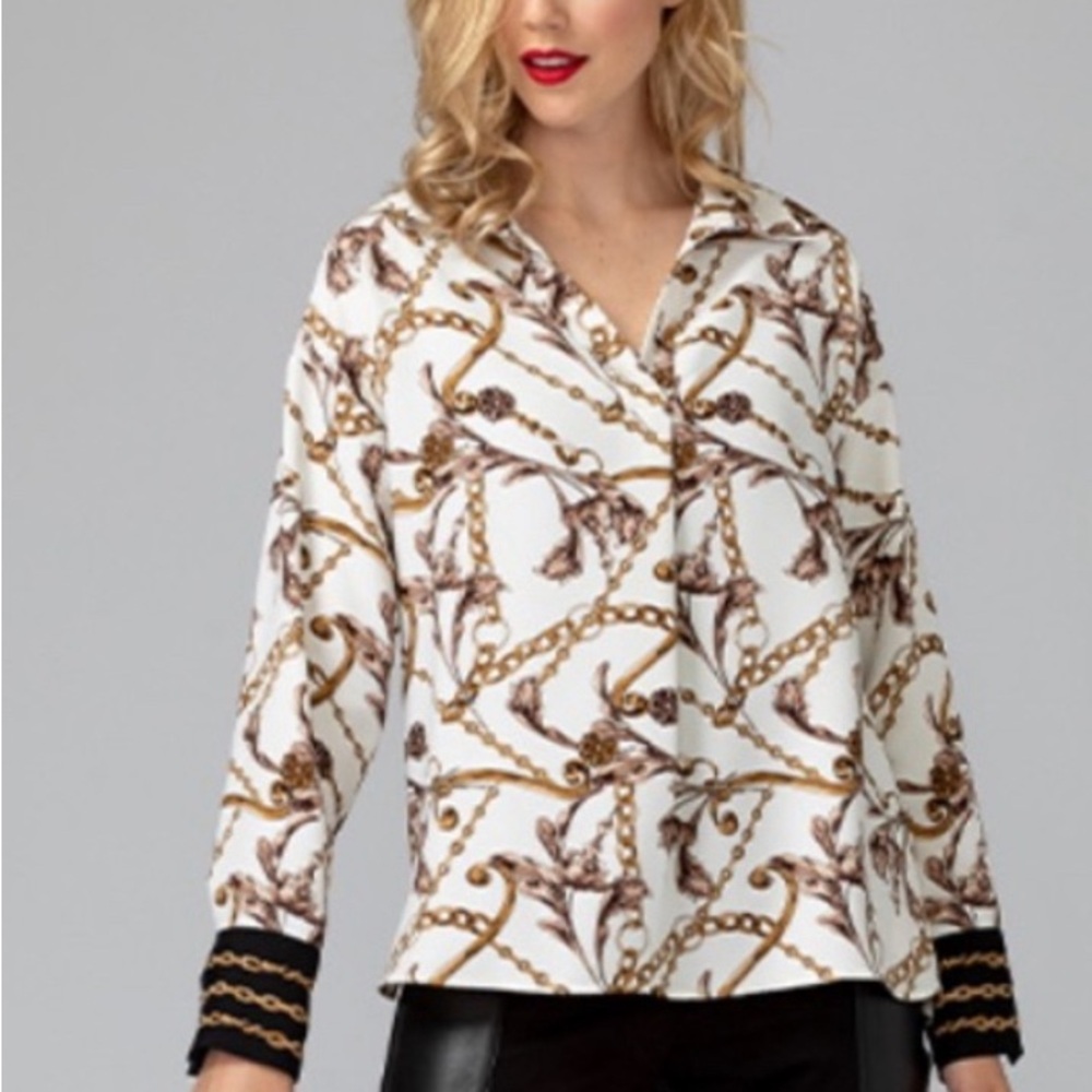 Joseph Ribkoff Chain Print Long Sleeve Blouse in White, Black & Gold size 8